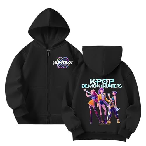 Generisch Demon pop Hunters Mädchen Hoodie K-pop Anime Drucken Kapuzenpullover mit Zip und Tasche Casual Bequeme Pullover Bequeme Lässige Sweatshirt Autumn Winter Oberteile (A-3-Black, 11-12 Years) von Generisch