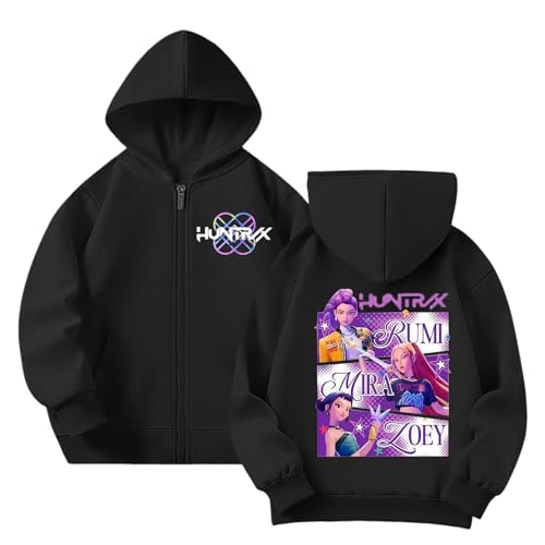 Generisch Demon pop Hunters Mädchen Hoodie K-pop Anime Drucken Kapuzenpullover mit Zip und Tasche Casual Bequeme Pullover Bequeme Lässige Sweatshirt Autumn Winter Oberteile (A-4-Black, 11-12 Years) von Generisch