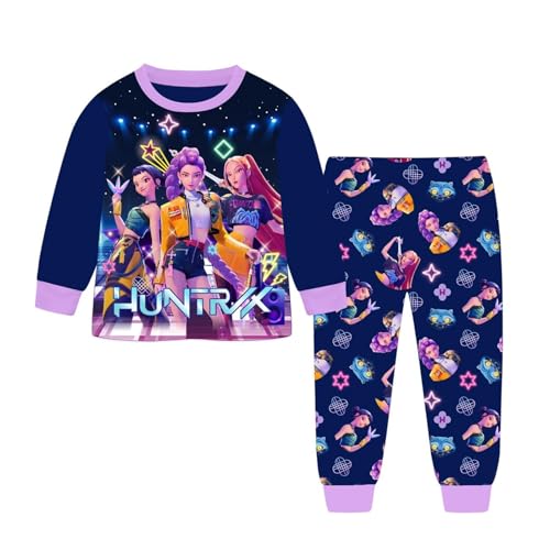 Generisch Demon pop Hunters Mädchen Schlafanzug Zweiteiliges Set Pyjama K-pop Anime Drucken Pyjamahose und Langram Oberteile Hausanzug Modisch Casual Nachtwäsche (A-2-Navy, 8-10 Years) von Generisch