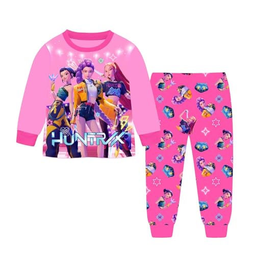 Generisch Demon pop Hunters Mädchen Schlafanzug Zweiteiliges Set Pyjama K-pop Anime Drucken Pyjamahose und Langram Oberteile Hausanzug Modisch Casual Nachtwäsche (A-2-Pink, 8-10 Years) von Generisch