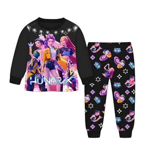 Generisch Demon pop Hunters Mädchen Schlafanzug Zweiteiliges Set Pyjama K-pop Anime Drucken Pyjamahose und Langram Oberteile Hausanzug Modisch Casual Nachtwäsche (A-3-Black, 8-10 Years) von Generisch