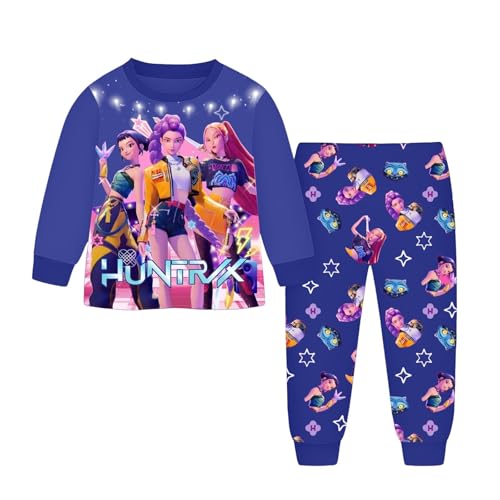 Generisch Demon pop Hunters Mädchen Schlafanzug Zweiteiliges Set Pyjama K-pop Anime Drucken Pyjamahose und Langram Oberteile Hausanzug Modisch Casual Nachtwäsche (A-3-Blue, 8-10 Years) von Generisch