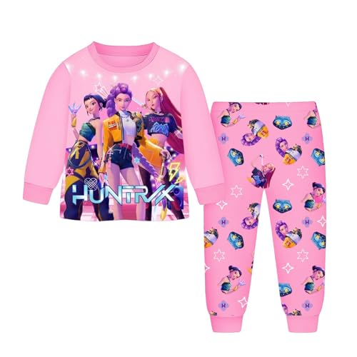 Generisch Demon pop Hunters Mädchen Schlafanzug Zweiteiliges Set Pyjama K-pop Anime Drucken Pyjamahose und Langram Oberteile Hausanzug Modisch Casual Nachtwäsche (A-3-Pink, 8-10 Years) von Generisch