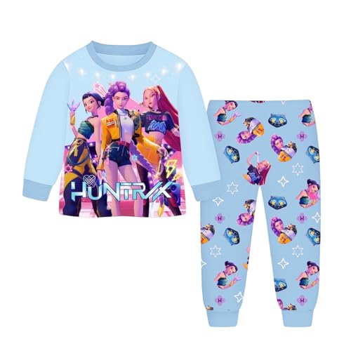 Generisch Demon pop Hunters Mädchen Schlafanzug Zweiteiliges Set Pyjama K-pop Anime Drucken Pyjamahose und Langram Oberteile Hausanzug Modisch Casual Nachtwäsche (A-3-Sky Blue, 8-10 Years) von Generisch