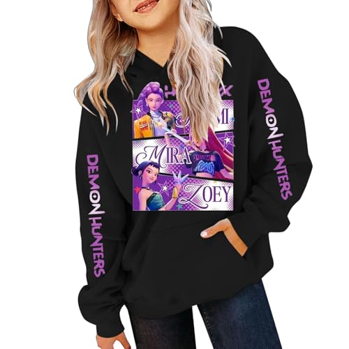 Generisch Demons pop Hunters Kinder Hoodie Vintage Y2K Kapuzenpullover Anime Drucken Pullover Casual Bequeme Lässige Sweatshirt für K-pop Fans Streetwear Oberteile (A-1-Black, 7-9 Years) von Generisch