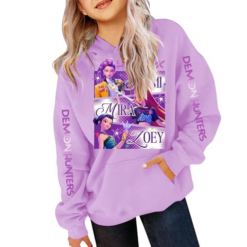 Generisch Demons pop Hunters Kinder Hoodie Vintage Y2K Kapuzenpullover Anime Drucken Pullover Casual Bequeme Lässige Sweatshirt für K-pop Fans Streetwear Oberteile (A-1-Purple, 11-13 Years) von Generisch