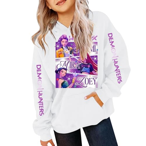 Generisch Demons pop Hunters Kinder Hoodie Vintage Y2K Kapuzenpullover Anime Drucken Pullover Casual Bequeme Lässige Sweatshirt für K-pop Fans Streetwear Oberteile (A-1-White, 9-11 Years) von Generisch
