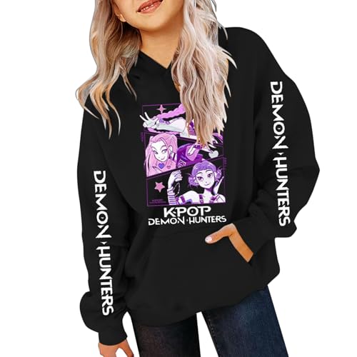 Generisch Demons pop Hunters Kinder Hoodie Vintage Y2K Kapuzenpullover Anime Drucken Pullover Casual Bequeme Lässige Sweatshirt für K-pop Fans Streetwear Oberteile (A-2-Black, 11-13 Years) von Generisch