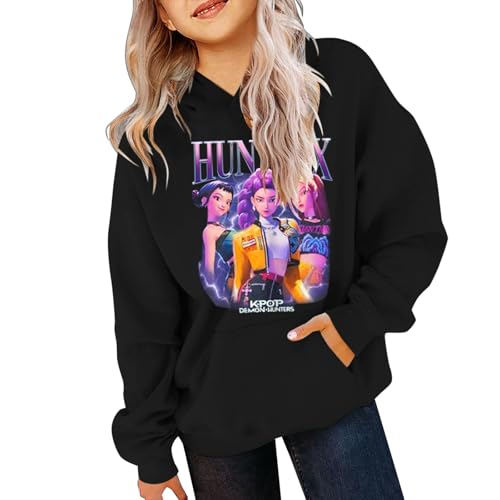 Generisch Demons pop Hunters Kinder Hoodie Vintage Y2K Kapuzenpullover Anime Drucken Pullover Casual Bequeme Lässige Sweatshirt für K-pop Fans Streetwear Oberteile (A-4-Black, 7-9 Years) von Generisch