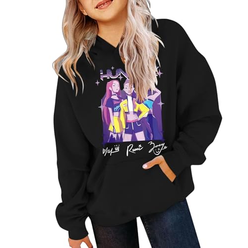 Generisch Demons pop Hunters Kinder Hoodie Vintage Y2K Kapuzenpullover Anime Drucken Pullover Casual Bequeme Lässige Sweatshirt für K-pop Fans Streetwear Oberteile (A-5-Black, 11-13 Years) von Generisch