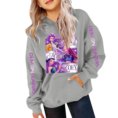 Generisch Demons pop Hunters Kinder Hoodie Vintage Y2K Kapuzenpullover Anime Drucken Pullover Casual Bequeme Lässige Sweatshirt für K-pop Fans Streetwear Oberteile (A-6-Grey, 11-13 Years) von Generisch