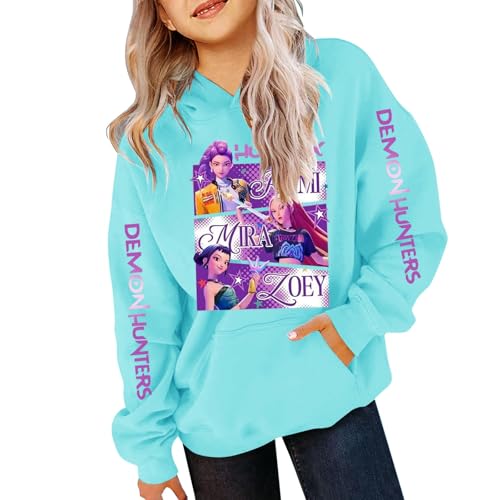 Generisch Demons pop Hunters Kinder Hoodie Vintage Y2K Kapuzenpullover Anime Drucken Pullover Casual Bequeme Lässige Sweatshirt für K-pop Fans Streetwear Oberteile (A-6-Light Blue, 7-9 Years) von Generisch