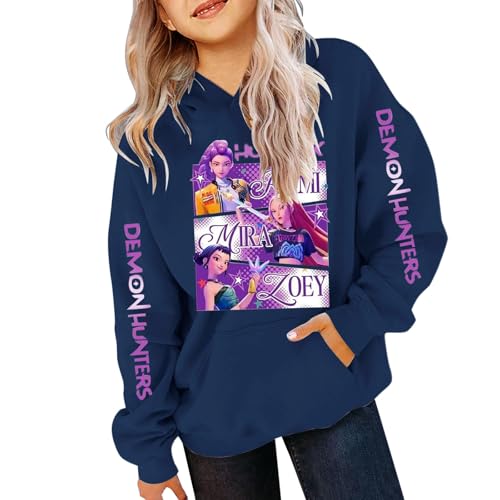 Generisch Demons pop Hunters Kinder Hoodie Vintage Y2K Kapuzenpullover Anime Drucken Pullover Casual Bequeme Lässige Sweatshirt für K-pop Fans Streetwear Oberteile (A-6-Navy, 7-9 Years) von Generisch