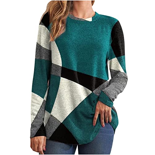 Generisch Der Discounter Langarmshirt Damen Farbblock Stitching Pullover Große Größen Longpullover Locker Rundhals Sweatshirt Leichte Langarm Longshirt Freizeit Longsleeve Oberteile Weich Stretch von Generisch