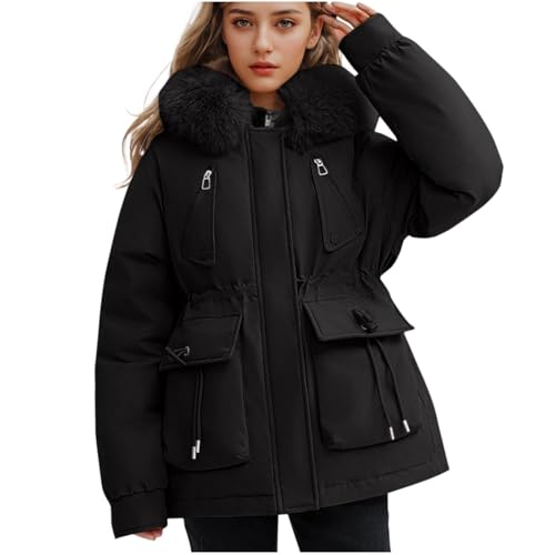 Generisch Der Discounter Winterjacke Damen Warm Verdickte Wintermantel Parka mit Herausnehmbarer Fell Kapuze Reißverschluss Winterparka Winter Langarm Fleecejacke Einfarbig Kapuzenjacke mit von Generisch