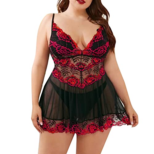 Generisch Dessous Damen Sexy ReizwäSche UnterwäSche für Sex Damen Plus Size Dessous Spitze Chemise Sexy Mesh Nachtwäsche Tiefes V Teddy Nachthemd Für Rüschen (Red XXXXL) von Generisch