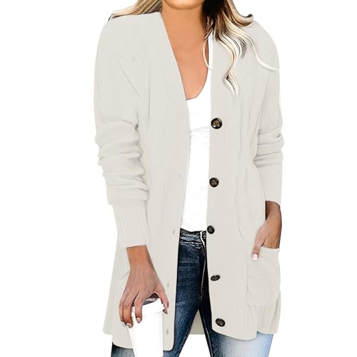 Generisch Dicke Strickjacke Damen Winter Lang Warm Strickjacken Für Damen Grobstrick mit Knöpfen Strickmantel Damen Elegant Zopfmuster V Ausschnitt Strick Cardigan Langarm Damenstrickjacke Einfarbig von Generisch