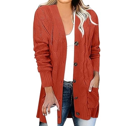 Generisch Dicke Strickjacke Damen Winter Lang Warm Strickjacken Für Damen Grobstrick mit Knöpfen Strickmantel Damen Elegant Zopfmuster V Ausschnitt Strick Cardigan Langarm Damenstrickjacke Einfarbig von Generisch