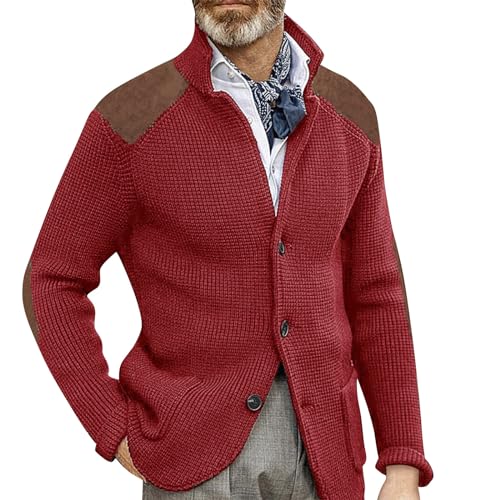 Generisch Dicke Strickjacke Herren, Langarm Cardigan Sweatjacke Feinstrick Winter Mit Knopfleiste Und Taschen Janker Herren Elegant Tracht Schwarz Reißverschluss Wolle Cardigan (L, Rot) von Generisch