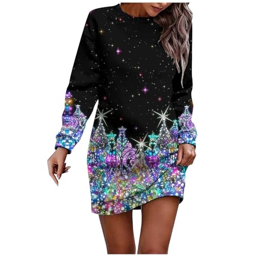 Generisch Die er Weihnachtskleid Damen Langarm Rundhals Pullikleid Weihnachtskleid Lange Pulloverkleid Schneeflocken Muster Wickelkleid Pullover Elegant Kleider Frauen Bequem Partykleid 2024 von Generisch