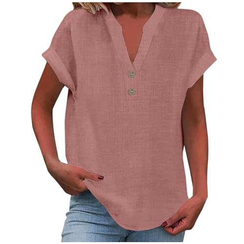 Generisch Leinenbluse Damen Elegante Kurzarm Baumwolle Leinen Tshirt Leinenshirt Oversized Lässiges Musselin Oberteile Button Down Hemdbluse Tunika Top Sommer von Generisch