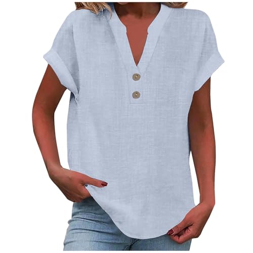 Generisch Leinenbluse Damen Elegante Kurzarm Baumwolle Leinen Tshirt Leinenshirt Oversized Lässiges Musselin Oberteile Button Down Hemdbluse Tunika Top Sommer von Generisch
