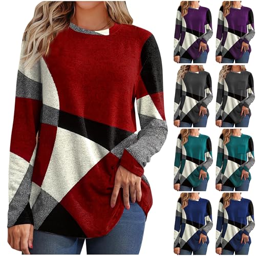 Generisch Die Discounter Langarmshirt Damen Farbblock Stitching Pullover Große Größen Longpullover Locker Rundhals Sweatshirt Leichte Langarm Longshirt Freizeit Longsleeve Oberteile Weich Stretch von Generisch