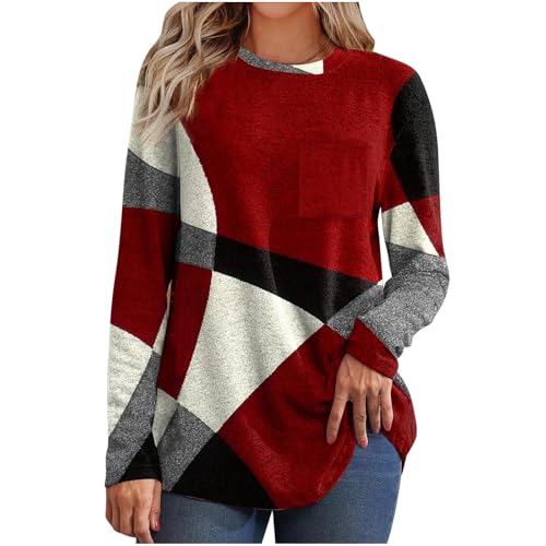 Generisch Die Discounter Langarmshirt Damen Farbblock Stitching Pullover Große Größen Longpullover Locker Rundhals Sweatshirt Leichte Langarm Longshirt Freizeit Longsleeve Oberteile Weich Stretch von Generisch