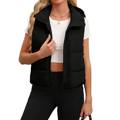 Generisch Die Discounter Weste Damen Kurz Leichte Stehkragen Steppweste Freizeit Ärmellos Übergangsjacke Reißverschluss Winterweste Locker Einfarbig Winterjacke Warm Winter Daunenweste Regular Fit von Generisch