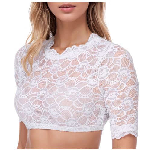 Generisch Bluse Damen Dirndlbluse Spitze Kurzarm Trachtenbluse Weiß Bluse V-Ausschnitt DirndlBlusen Spitzenbluse Elegante Trachtenbluse Für Tracht Oktoberfest (A21 White, S) von Generisch