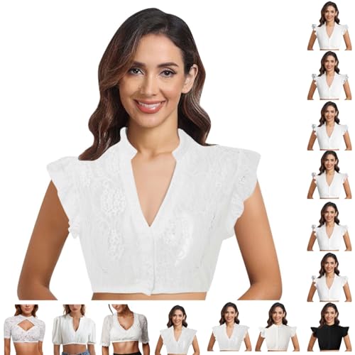 Generisch Dirndl Bluse Damen Elegante Kurzarm Dirndlbluse Dirndl Bluse V Ausschnitt Mit Flügelärmel Spitzenbluse Blusen Trachtenmieder Hochgeschlossen Kostüm Spitze Hollow Out Tracht Blusen von Generisch