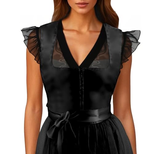 Generisch Dirndl Bluse Damen Flügelärmel Oktoberfest Bierbekleidung Dirndl Damen Weißes Hemd Trachtenbluse Dirndlbluse Kurzarm V-Ausschnitt für Oktoberfest (03-Black, S) von Generisch