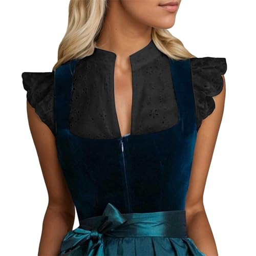Generisch Dirndl Bluse Damen Flügelärmel - Trachtenbluse Weiß Dirndlbluse Hochgeschlossen Kurzarm DirndlBlusen V Ausschnitt TrachtenBluse Stehkragen Trachten Oberteil für Oktoberfest (02 Schwarz, S) von Generisch