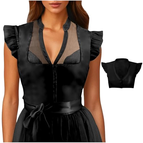 Generisch Dirndl Bluse Damen Flügelärmel Trachtenbluse Weiß Dirndlbluse Hochgeschlossen Kurzarm DirndlBlusen V Ausschnitt Trachtenbluse Stehkragen Trachten (01 Schwarz, S) von Generisch