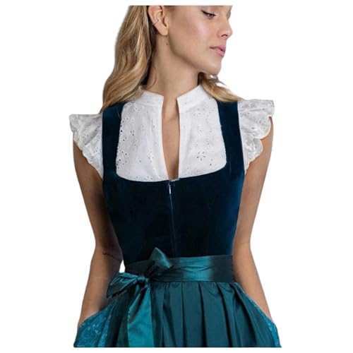 Generisch Dirndl Bluse Damen Flügelärmel - Trachtenbluse Weiß Dirndlbluse Hochgeschlossen Kurzarm DirndlBlusen V Ausschnitt Trachtenbluse Stehkragen Trachten Oberteil für Oktoberfest von Generisch