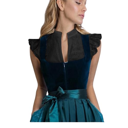 Generisch Dirndl Bluse Damen Flügelärmel - Trachtenbluse Weiß Dirndlbluse Hochgeschlossen Kurzarm DirndlBlusen V Ausschnitt Trachtenbluse Stehkragen Trachten Oberteil für Oktoberfest von Generisch