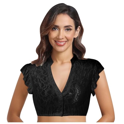 Generisch Dirndl Bluse Damen Flügelärmel Trachtenbluse Weiß Dirndlbluse Schwarze Bluse Kurzarm DirndlBlusen V Ausschnitt Trachtenbluse Stehkragen Trachten Oberteil für Oktoberfest Hochgeschlossen von Generisch