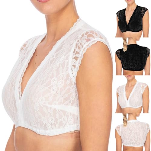 Generisch Dirndl Bluse Damen Flügelärmel - Trachtenbluse Weiß Dirndlbluse Schwarze Stehkragen Trachten Oberteil für Oktoberfest Kurzarm DirndlBlusen V Ausschnitt Trachtenbluse von Generisch