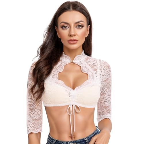 Generisch Dirndl Bluse Damen Günstig Flügelärmel Dirndlblusen Für Damen Kurzarm Trachtenbluse Weiße Stehkragen Oktoberfest Bluse Hochgeschlossen Trachten Oberteil Spitze Trachtenmieder M von Generisch