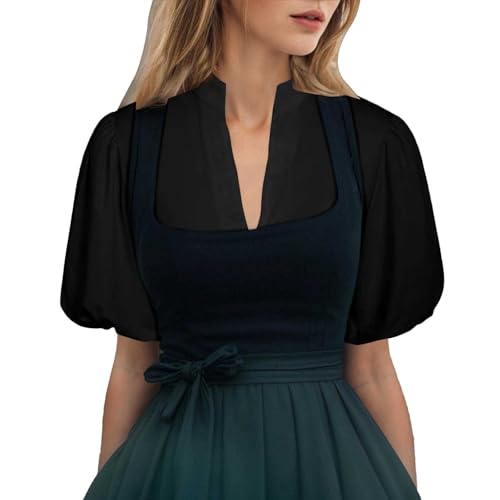 Generisch Dirndl Bluse Damen Puffärmel, Dirndlbluse Damen Elegante Trachtenbluse Spitze V Ausschnitt Weiß Dirndlblusen Zum Knöpfen Tracht Blusen Spitzenbluse für Oktoberfest & Karneval von Generisch