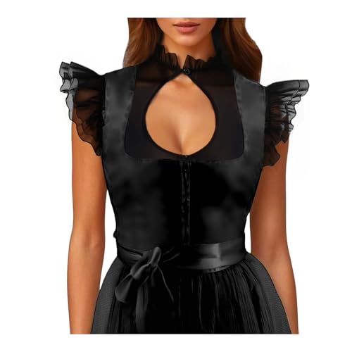 Generisch Dirndl Bluse Damen Spitze Dirndlbluse Weiß Kurzarm Trachtenbluse Dirndlbluse Flügelärmel Hochgeschlossen Oktoberfest Damen Outfit Elegante Spitzenbluse Dirndlblusen Schwarz Tracht Bluse von Generisch
