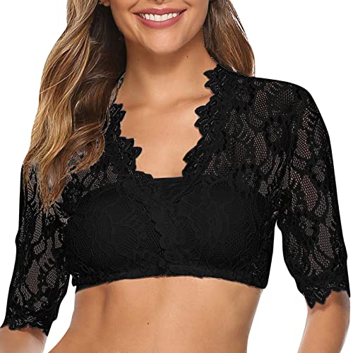 Generisch Dirndl Bluse für Damen schwarz weiß dirndlblusen Spitze hochgeschlossen flügelärmel, Dirndlblusen Mit V-Ausschnitt Trachtenjacke Bierfest - Weiss S von Generisch