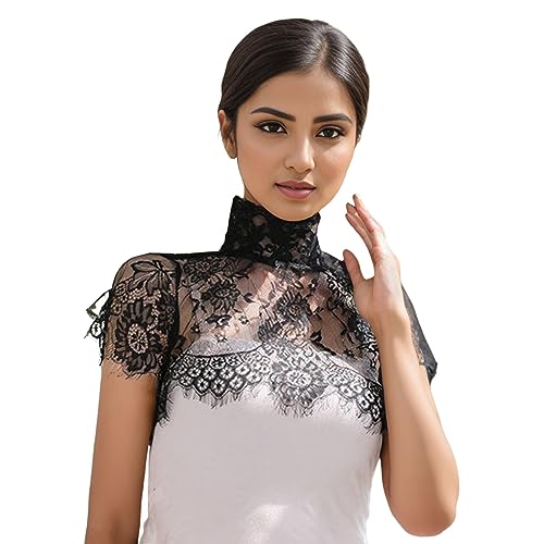 Generisch Dirndl Blusen Damen Trachtenbluse Spitzeblusen Hoher Kragen Dirndlbluse Kurzarm Ausgeschnittenes Oberteil Bierfest Trachtenblusen Elegant Sexy Top Kurzversion Bluse Weiβ Schwarz Blusen von Generisch