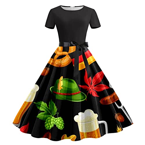 Generisch Dirndl Damen, Oktoberfest Cocktailkleid Damen Lang Bier Druck Rockabilly Kleider Kurzarm Rundhals A Linien Kleid Festival Vintage Abendkleider Damen Midi Bavarian Karneval Partykleid von Generisch