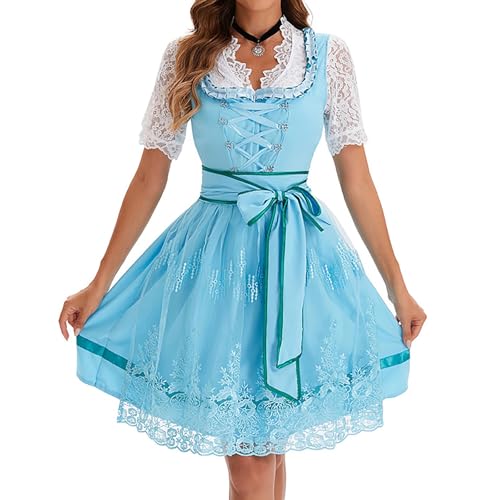 Generisch Dirndl Damen Blau 3-Teilig mit Spitze Oktoberfest Damen Outfit Trachtenkleid Ohne Schnürung Trachtenmode Frauen Festlich Kleider Mit Bluse Trachten Dirndelkleider Set Komplett Kleid Elegant von Generisch
