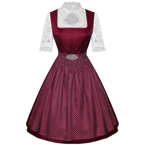 Generisch Dirndl Damen Midi Dirndls für Damens Weinrot Trachtenkleid mit Dirndlbluse Trachtenmode Trachtenrock Kleid 3 Teilig Dirndl Schlicht Festliche Kleidung von Generisch