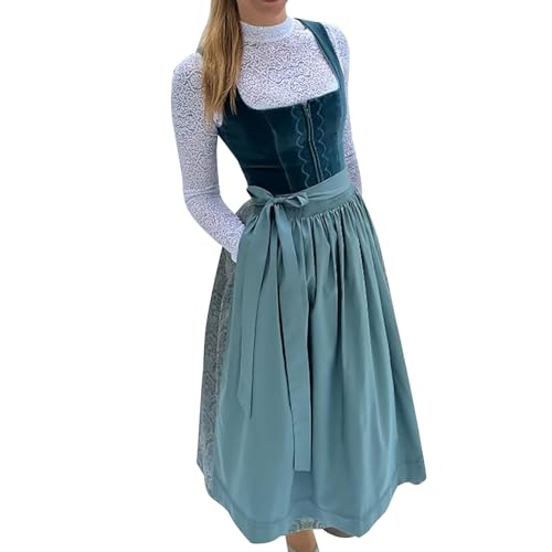 Generisch Dirndl Damen Midi Samt Trachtenkleid Grün Dirndl Trachtenrock für Damen Dirndlkleid Mit Dirndlschürzen Tachtenkleid 3-Teilig Outfit Kleid Lang Elegant für Oktoberfest Besondere Anlässe von Generisch