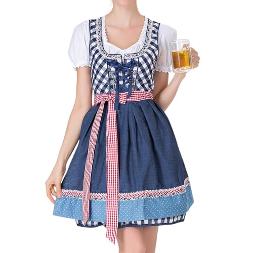 Generisch Dirndl Damen Midi Set 3-Teilig Trachtenmode Trachtenkleid Trachtenrock 3-Teilig Für Oktoberfest Besondere Anlässe Kleid Inkl. Dirndlbluse & Dirndlschürze Blau XXL von Generisch
