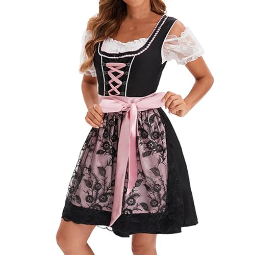 Generisch Dirndl Damen Midi Trachtenkleid Damen Dirndlkleid mit Spitze Trachtenmode inkl.Dirndlbluse Dirndlschürze 3 teilig für Oktoberfest Besondere Dirndl Pink Dirndl Set 3 Teilig Damen von Generisch
