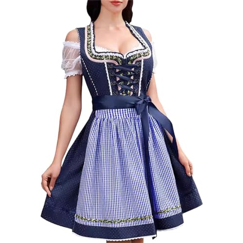 Generisch Dirndl Damen Midi Trachtenkleid Oktoberfest Trachtenrock Dirndlbluse Trachtenmode Kleid Komplettsets Lang mit Blusen und Schürze Spitze in Groß Größen Trachtenblusen Dirndlschürzen S-5XL von Generisch
